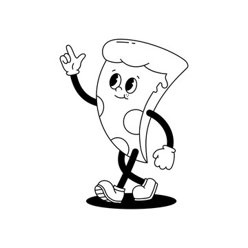 Vector cartoon retro mascot monochrome illustration of walking pizza. Vintage style 30s, 40s, 50s old animation. The clipart is isolated on a white background.