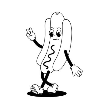 Vector cartoon retro mascot monochrome illustration of a walking hot dog. Vintage style 30s, 40s, 50s old animation. The clipart is isolated on a white background.