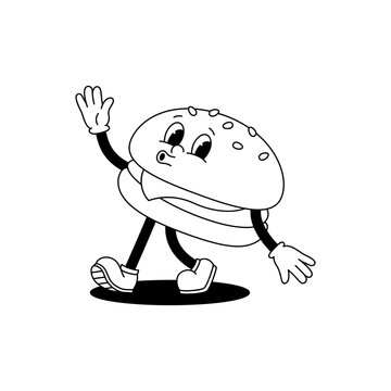 Vector cartoon retro mascot monochrome illustration of a walking hamburger. Vintage style 30s, 40s, 50s old animation. The clipart is isolated on a white background.
