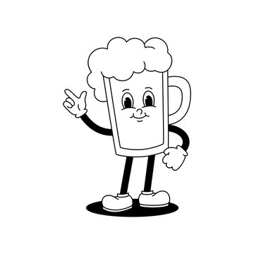 Vector cartoon retro mascot monochrome illustration of walking glass with beer. Vintage style 30s, 40s, 50s old animation. The clipart is isolated on a white background.