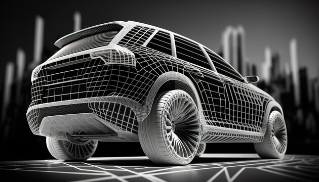 Riding wireframe car concept . Creative illustration. (Ai Generate)