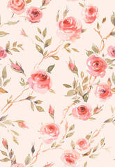 Watercolor vintage garden roses seamless pattern on pink