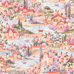 Watercolor Italian summer landscape seamless pattern - 584004357