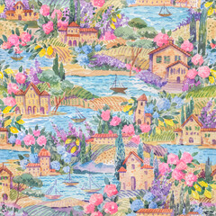 Watercolor Italian summer landscape seamless pattern - 584004384