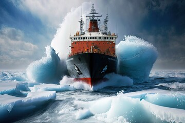 huge icebreaker ship moves along sea surface with screech, created with generative ai