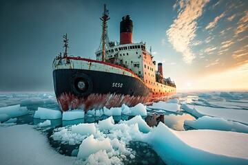 icebreaker ship breaking through ice floes in icy arctic sea, created with generative ai - obrazy, fototapety, plakaty