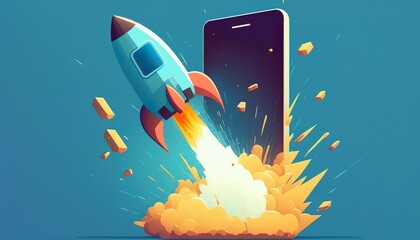 Rocket coming out of mobile phone screen . Creative illustration. (Ai Generate)