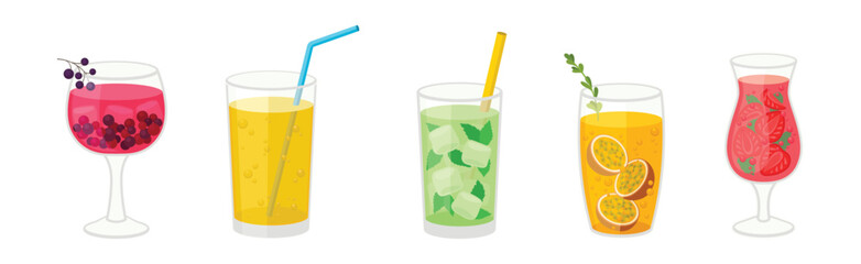 Fresh Refreshing Summer Cocktails with Ice Cubes and Fruits and Berries in Glass with Straw Vector Set