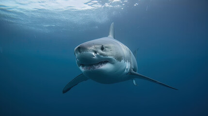 Obraz premium Great white shark underwater in the deep ocean. Generative AI