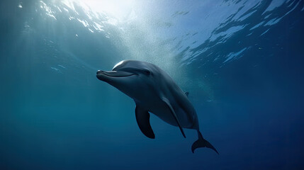 Fototapeta premium Dolphin underwater in the deep ocean. Generative AI