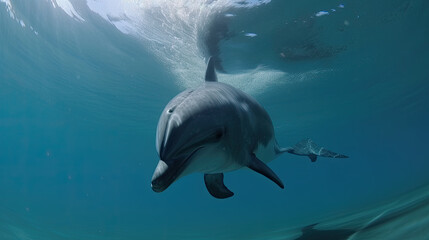 Dolphin underwater in the deep ocean. Generative AI