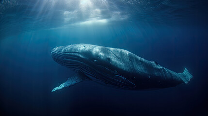 Fototapeta premium Big blue whale underwater in the deep ocean. Generative AI