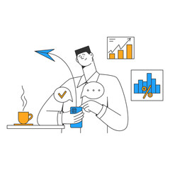 Young man sends statistics from his phone