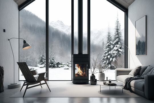 Modern living room with fireplace, forest challet interior in Winter, snowy mountain view out of windows. Generative AI