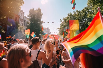 Many people next to a rainbow flag celebrate a gay pride demonstration on the street in daylight. Homosexual, pride, protest, crowd, celebration and diversity concept. Image generated with AI - obrazy, fototapety, plakaty