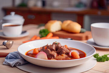 Borscht bowl, beetroot soup with meat and vegetables. Ukrainian and Eastern European cuisine. Generative AI