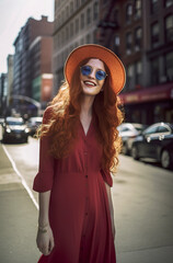 Obraz premium Beautiful red-haired girl in her 20s in a hat and sunglasses in a fashionable dress on the streets of new york in sunlight