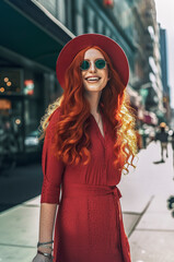 Obraz premium Beautiful red-haired girl in her 20s in a hat and sunglasses in a fashionable dress on the streets of new york in sunlight