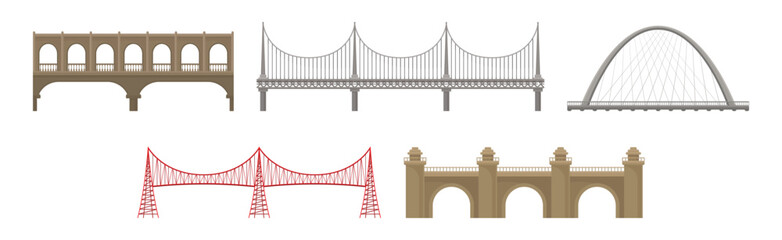Bridges Made of Metal and Concrete with Baluster Vector Set - obrazy, fototapety, plakaty