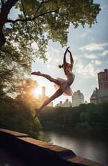 Generative AI illustration of Young and beautiful girl dancing classical ballet on central park,new york - obrazy, fototapety, plakaty