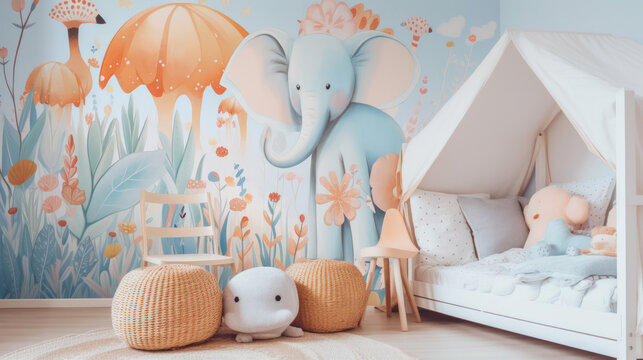 Modern kids room with elephant painting in blue pastel colors with a crib. Generative AI 