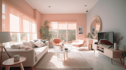 Modern living room interior design with sofa, chairs  and table. Pink pastel colors. Generative AI