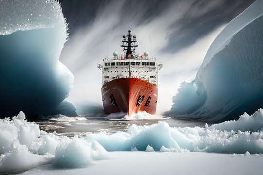 icebreaker ship launches and breaks path through thick ice pack, created with generative ai