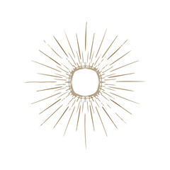 Obraz premium Vector golden sun in boho style. Abstract illustration of the sunrise hand-drawn in one line.. Celestial body, isoteric star, zodiac signs.