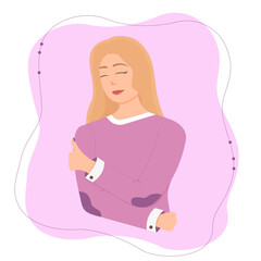 Self-love concept. Love your body concept. Cute vector illustration. Woman hugging herself on a colored background. Pastel cute soft colors