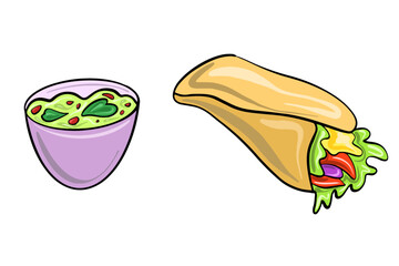 Vector set of Mexican dishes in a cartoon flat style. Latin American culture. Burritos and glacomole.