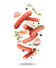 Smoked sausages with garlic and greens in the air isolated on a white background