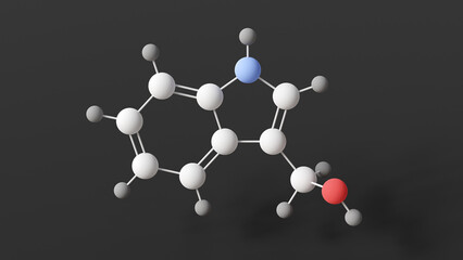 indole-3-carbinol molecule, molecular structure, cruciferous vegetable molecule, ball and stick 3d model, structural chemical formula with colored atoms