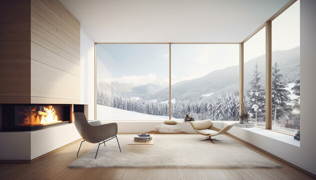Modern living room with fireplace, forest challet interior in Winter, snowy mountain view out of windows. Generative AI