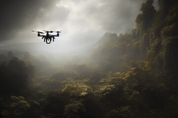 Fototapeta na wymiar Drone flying over a beautiful epic fantasy cinematic landscape created with Generative AI technology