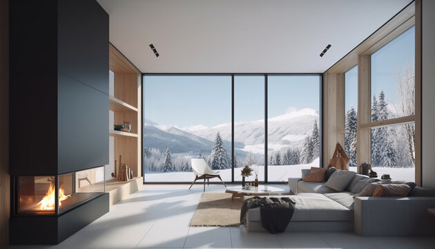 Modern living room with fireplace, forest challet interior in Winter, snowy mountain view out of windows. Generative AI