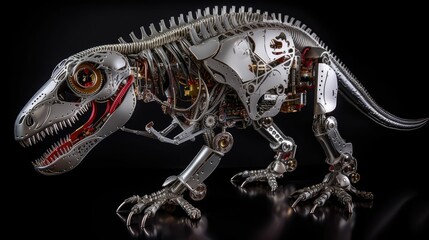 high detail metallic robotic dinosaur, generative AI