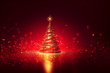 a shiny christmas tree on a red background 