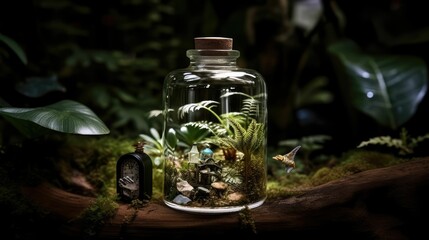 photograph of a tiny, miniature jungle encased within a clear bottle of water, almost like a terrarium. The scene is captured with a, generative AI