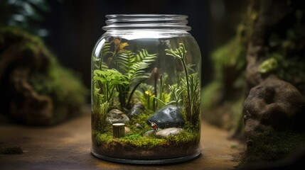 photograph of a tiny, miniature jungle encased within a clear bottle of water, almost like a terrarium. The scene is captured with a, generative AI