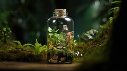 photograph of a tiny, miniature jungle encased within a clear bottle of water, almost like a terrarium. The scene is captured with a, generative AI