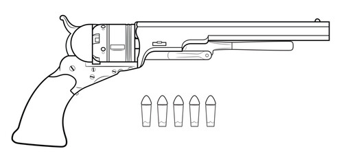 Vector illustration of the Colt Paterson revolver with ramrod lever and paper cartridges on the white background. Right side.