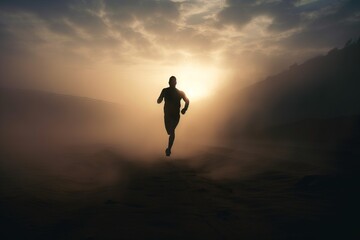  a man running through a foggy field with the sun behind him.  generative ai