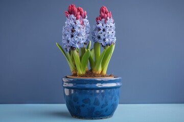  a blue vase with three flowers in it on a table.  generative ai