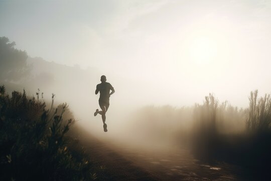  a man running down a dirt road in the foggy day.  generative ai