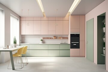 Clean pastel Kitchen, modern, luxury, green with pink combination, product background 3D