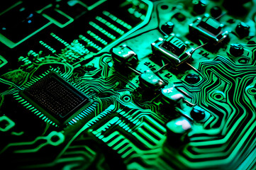 alien secret technologies, the chip on the green circuit board is drawn like a macro shot, generative ai