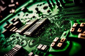 Obraz premium alien secret technologies, the chip on the green circuit board is drawn like a macro shot, generative ai