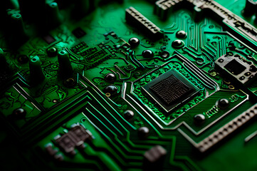 alien secret technologies, the chip on the green circuit board is drawn like a macro shot, generative ai