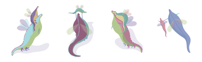Fairy Dragon with Small Wings Playing with Its Cub Vector Set