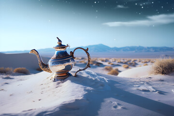 a tea pot sitting on top of a desert covered in snow
